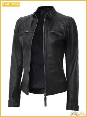 Women's Genuine Lambskin Leather Cafe Racer Jacket Quilted Biker